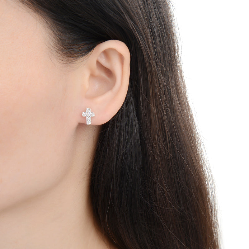 Aretes Cruz Mini Brillos - Plata