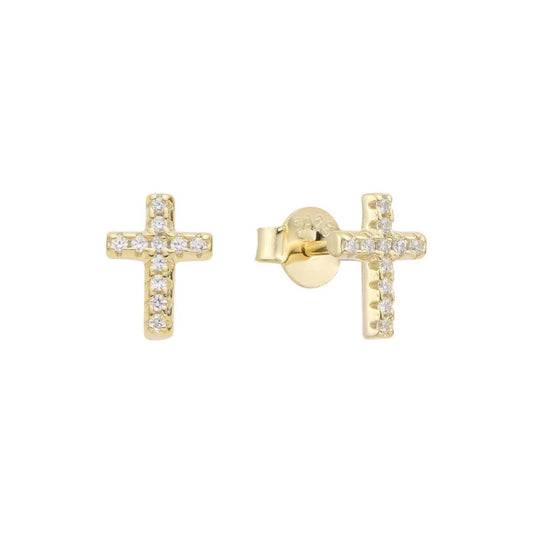Aretes Cruz Brillos Dorados - Plata