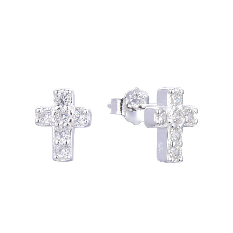Aretes Cruz Mini Brillos - Plata
