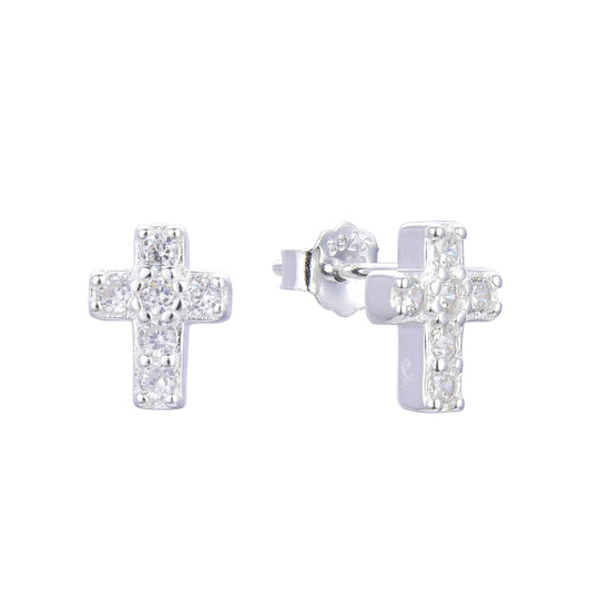 Aretes Cruz Mini Brillos - Plata