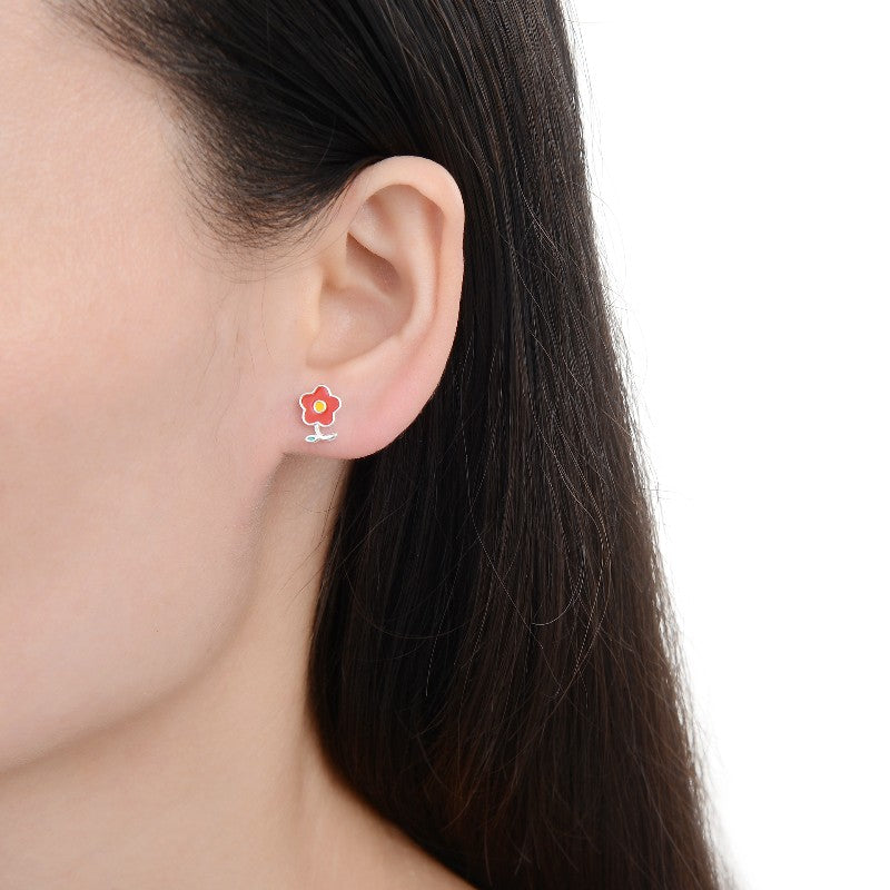 Aretes Flor Roja - Plata