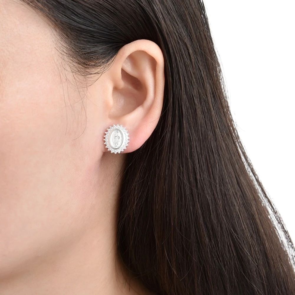 Aretes Virgen de Guadalupe Brillos - Plata
