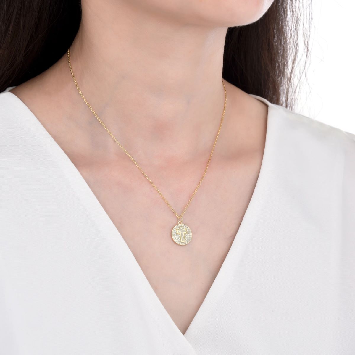 Collar Dije Cruz con Brillos - Plata
