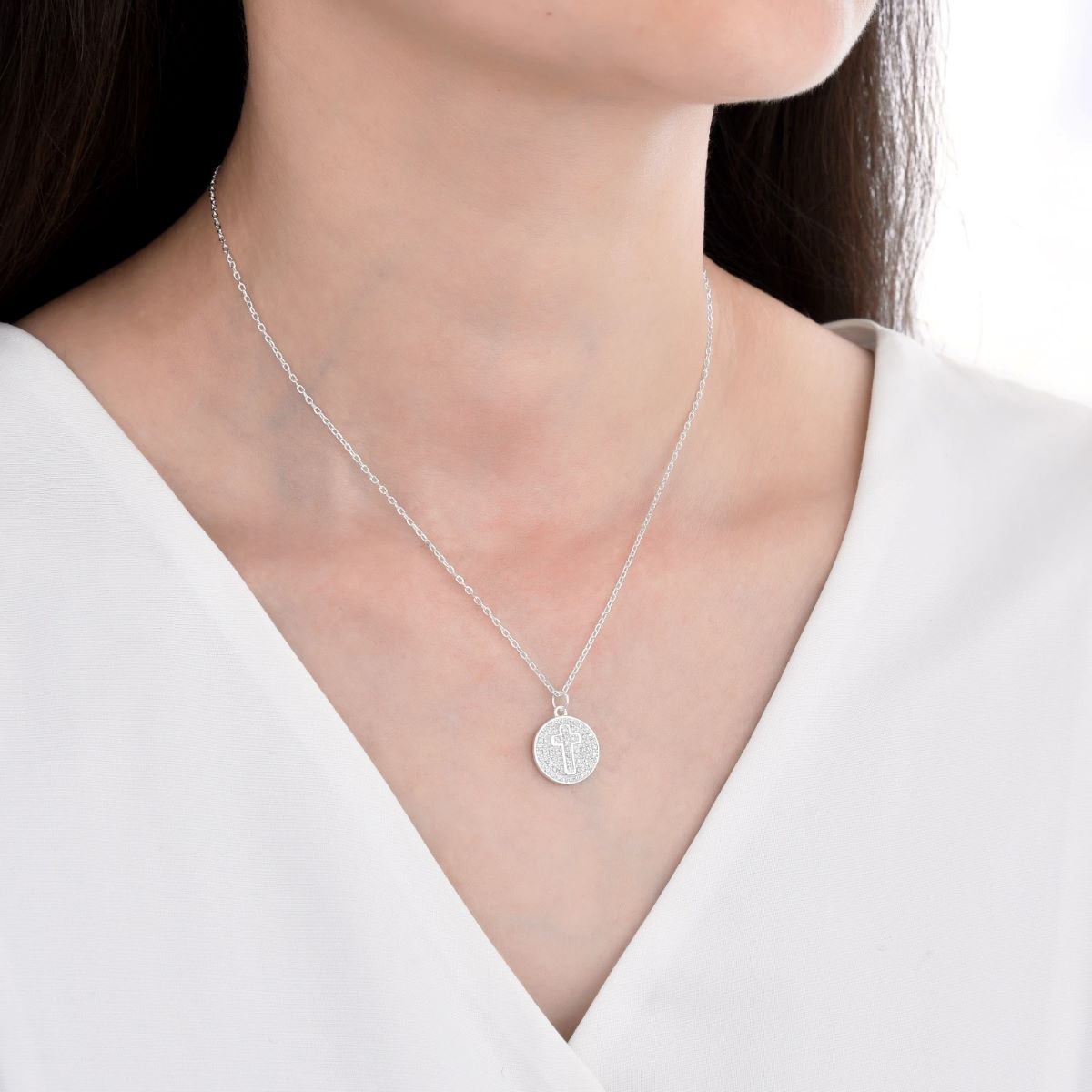 Collar Dije Cruz con Brillos - Plata