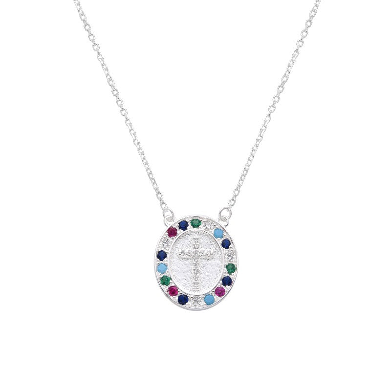 Collar Cruz Brillos Colores - Plata