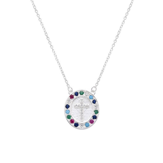 Collar Cruz Brillos Colores - Plata