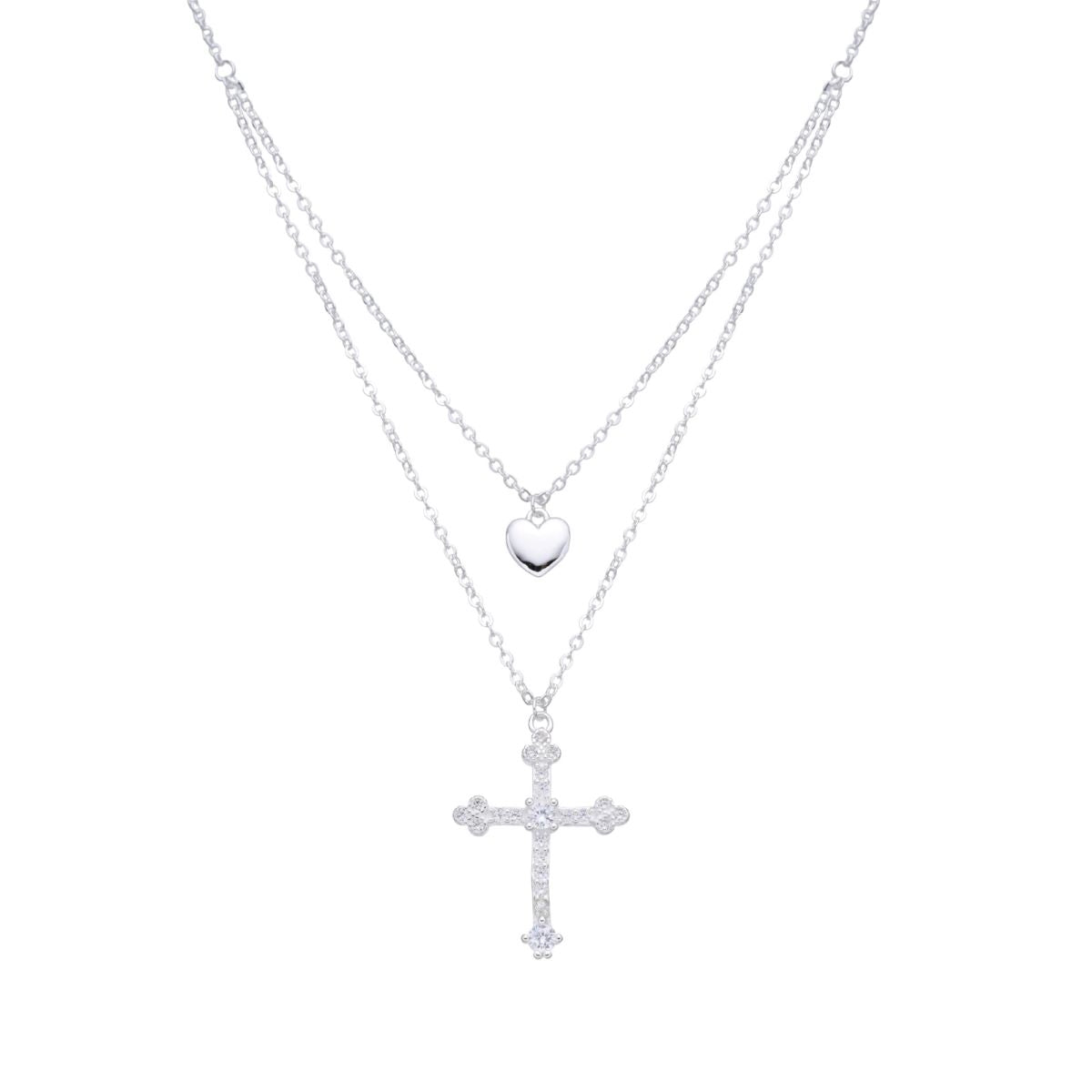 Collar Doble Corazón y Cruz - Plata