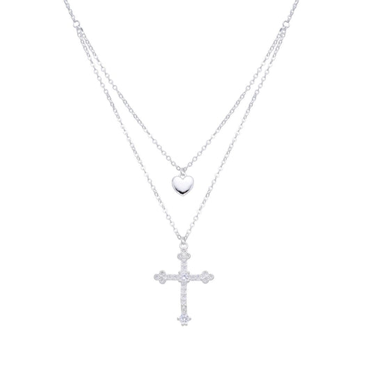 Collar Doble Corazón y Cruz - Plata