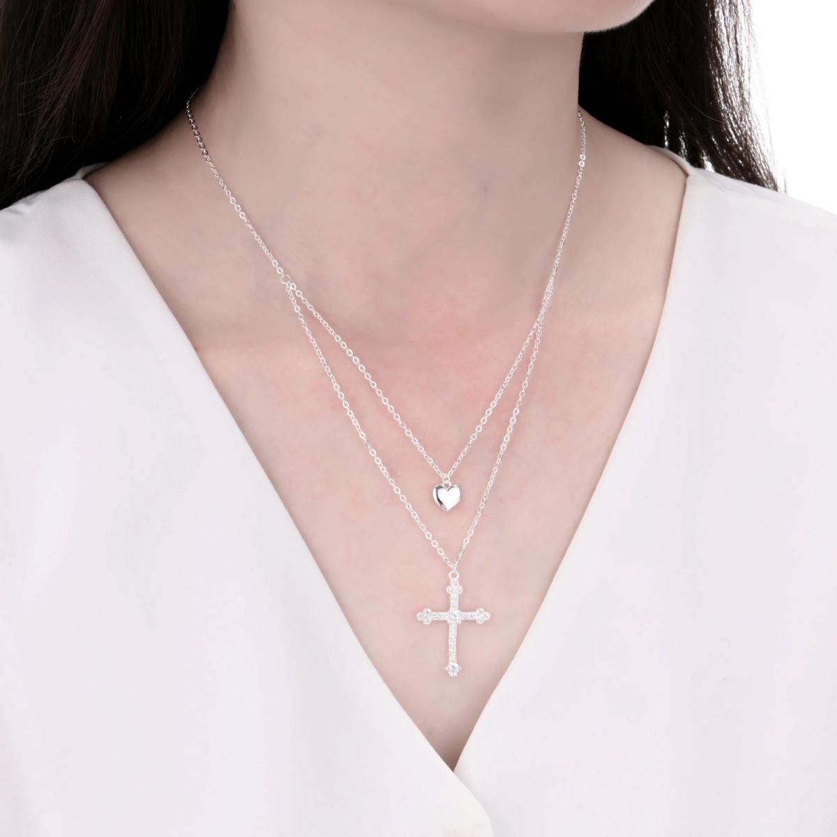 Collar Doble Corazón y Cruz - Plata