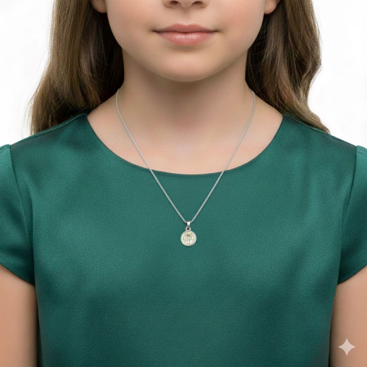 Dije Medalla de San Benito 10mm y Cadena - Plata
