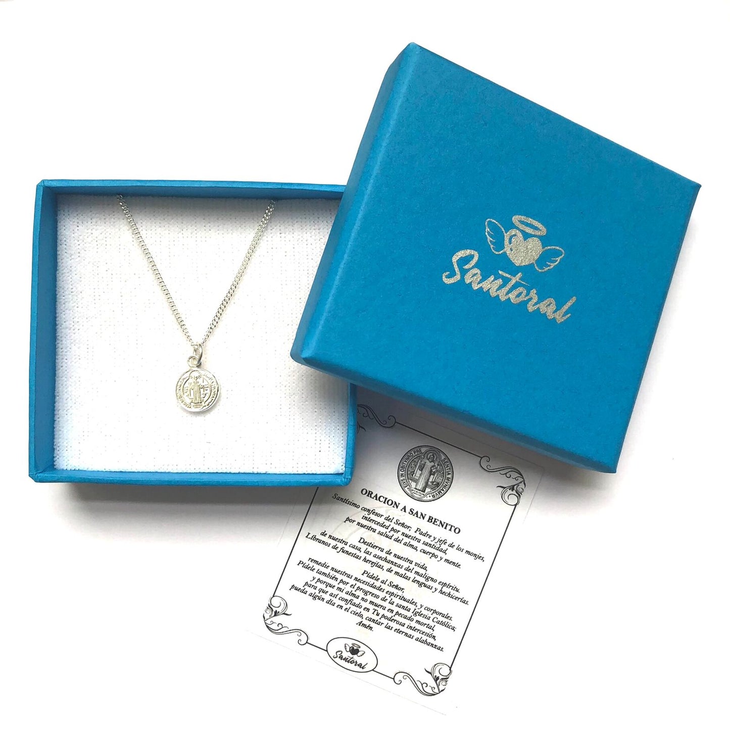 Dije Medalla de San Benito 10mm y Cadena - Plata