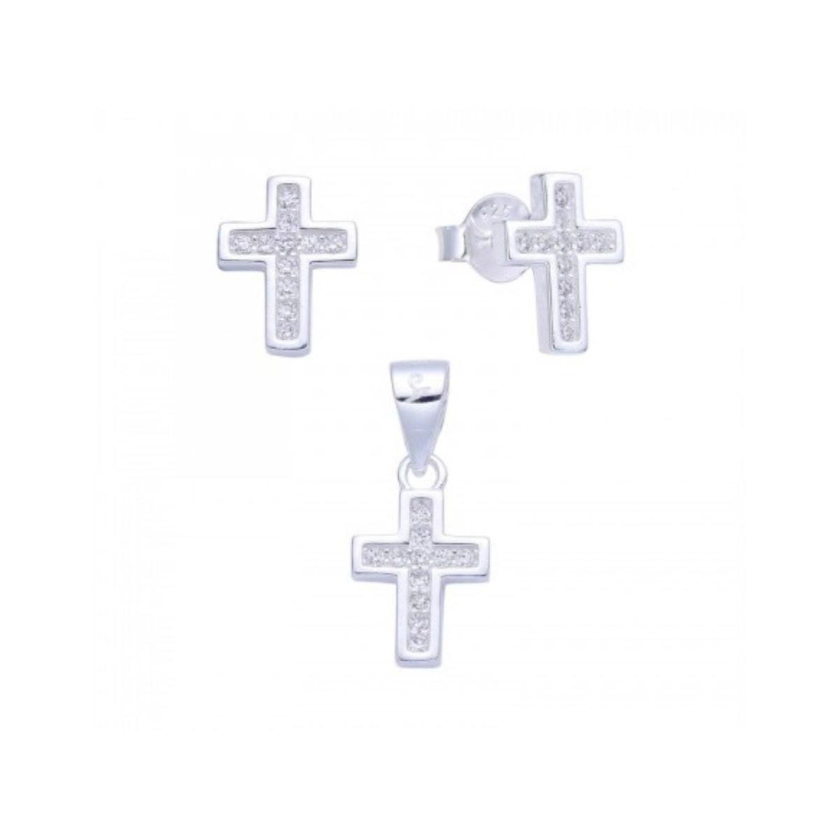 Juego de Aretes y Dije Cruz con Brillos - Plata