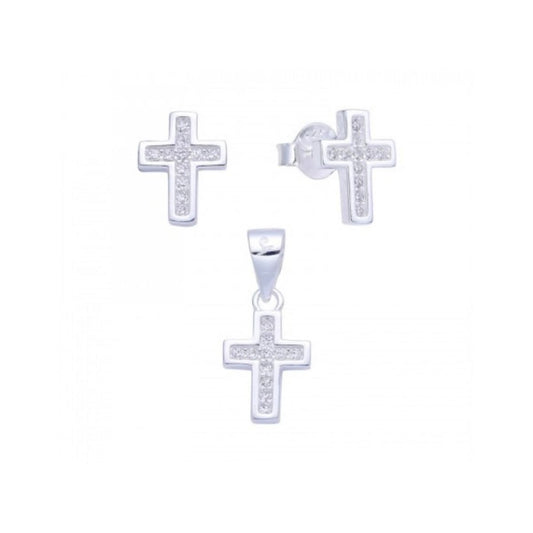 Juego de Aretes y Dije Cruz con Brillos - Plata