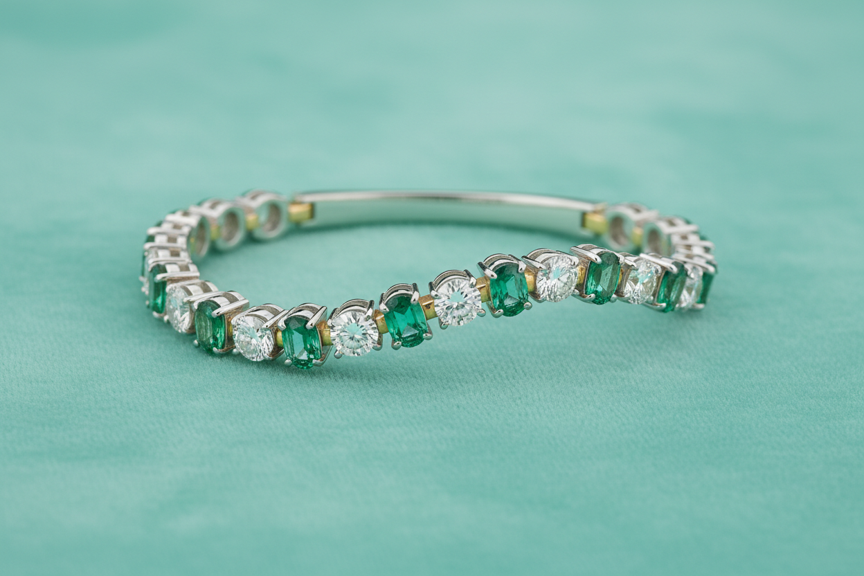 Pulsera de joyería fina elegantemente presentada, diseño delicado y sofisticado, metal pulido de alta calidad con acabado premium, colocada con una curva natural y fluida que transmite armonía, iluminación suave de estudio resaltando el brillo y los detalles del metal, fondo liso color verde Tiffany (turquesa suave, tono icónico de lujo), estética limpia y atemporal