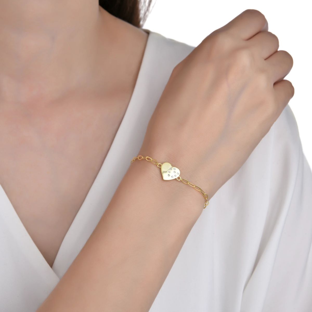 Pulsera Cadena Corazón Brillos - Plata
