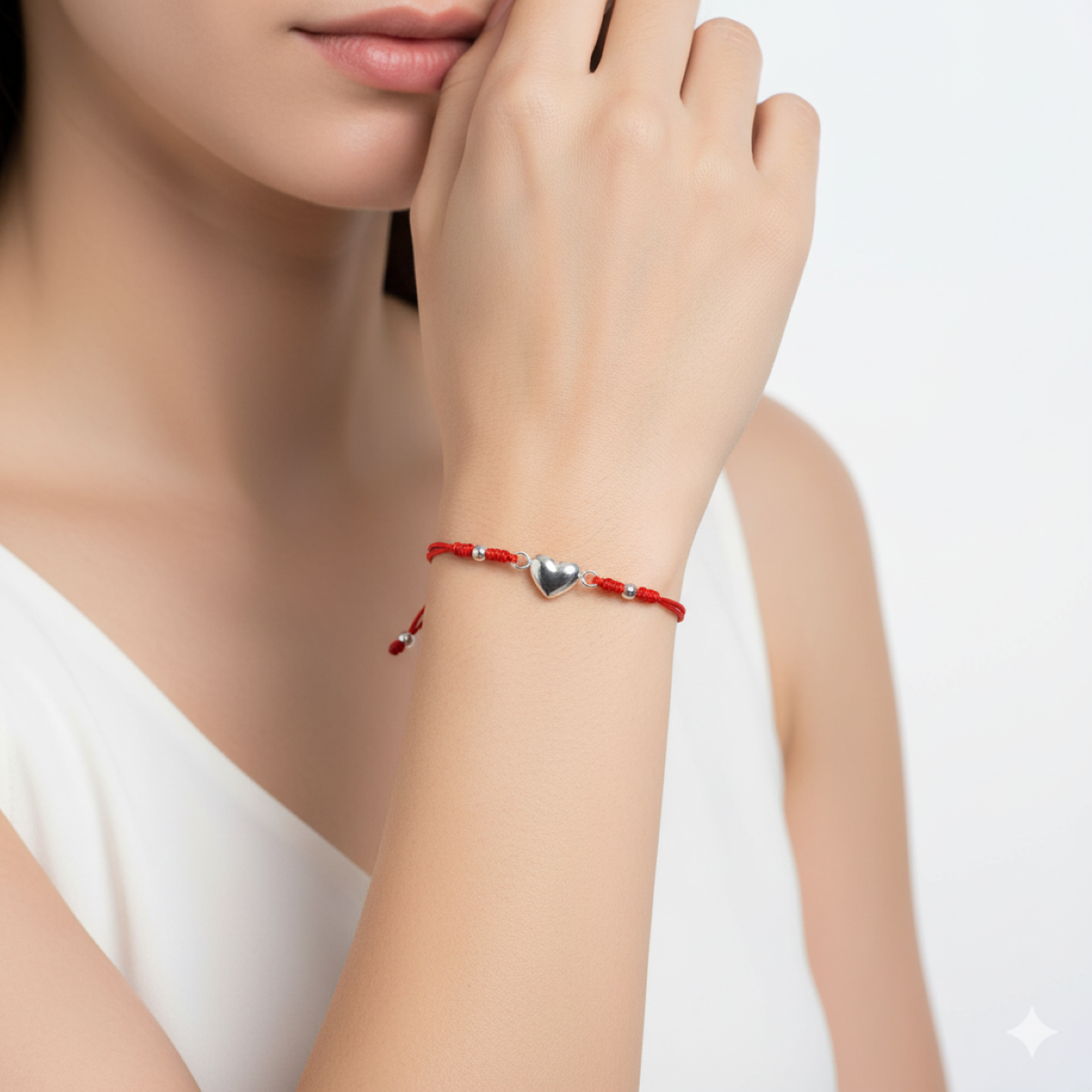 Pulsera Corazón Hilo Rojo - Plata