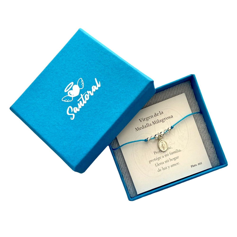 Pulsera Virgen de la Medalla Milagrosa - Hilo Turquesa y Plata