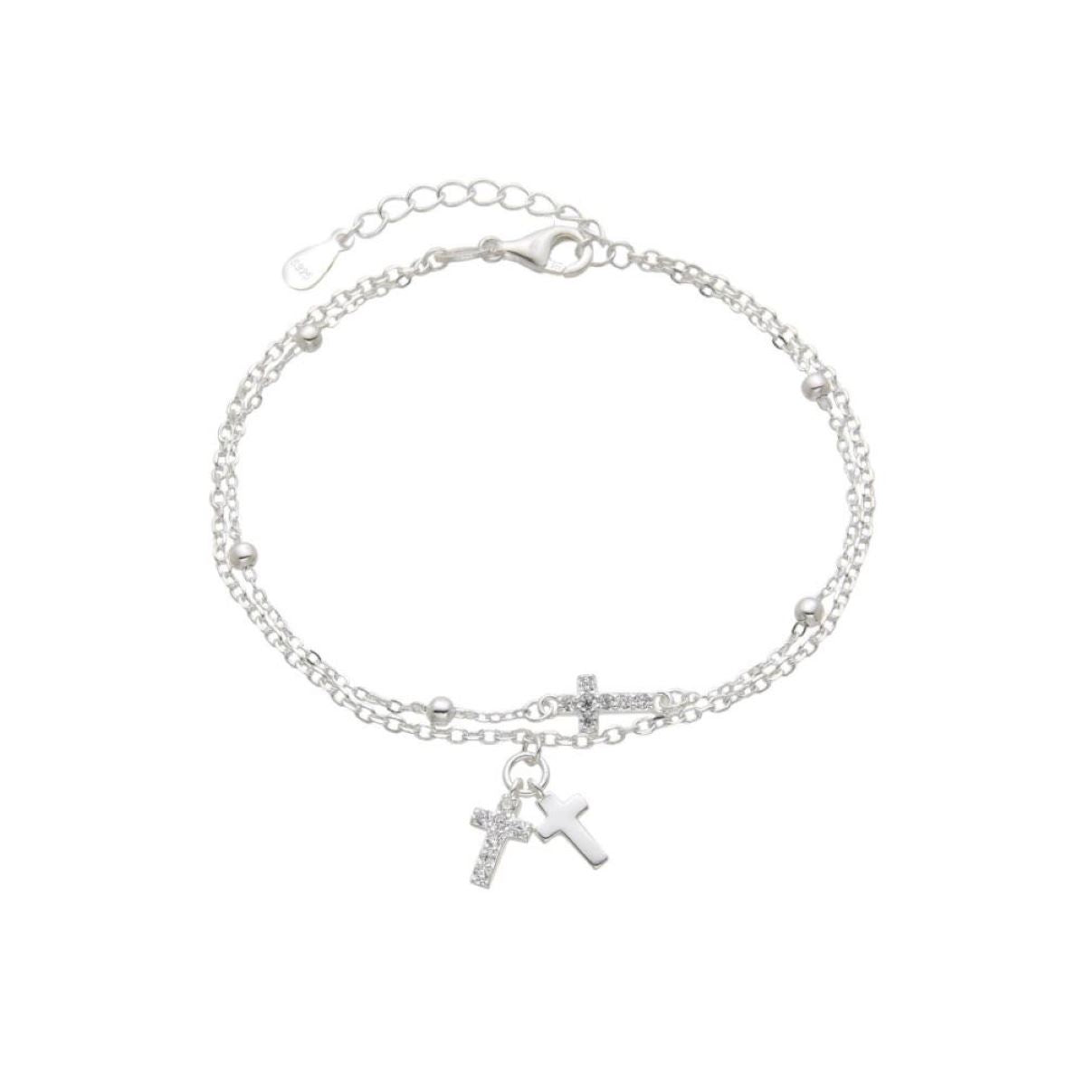 Pulsera Cadena Doble Dije Cruces - Plata