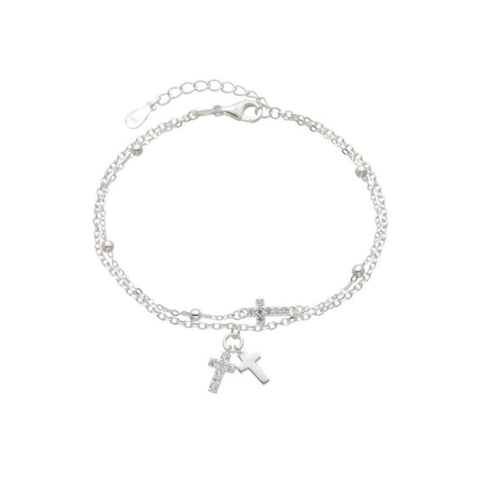Pulsera Cadena Doble Dije Cruces - Plata