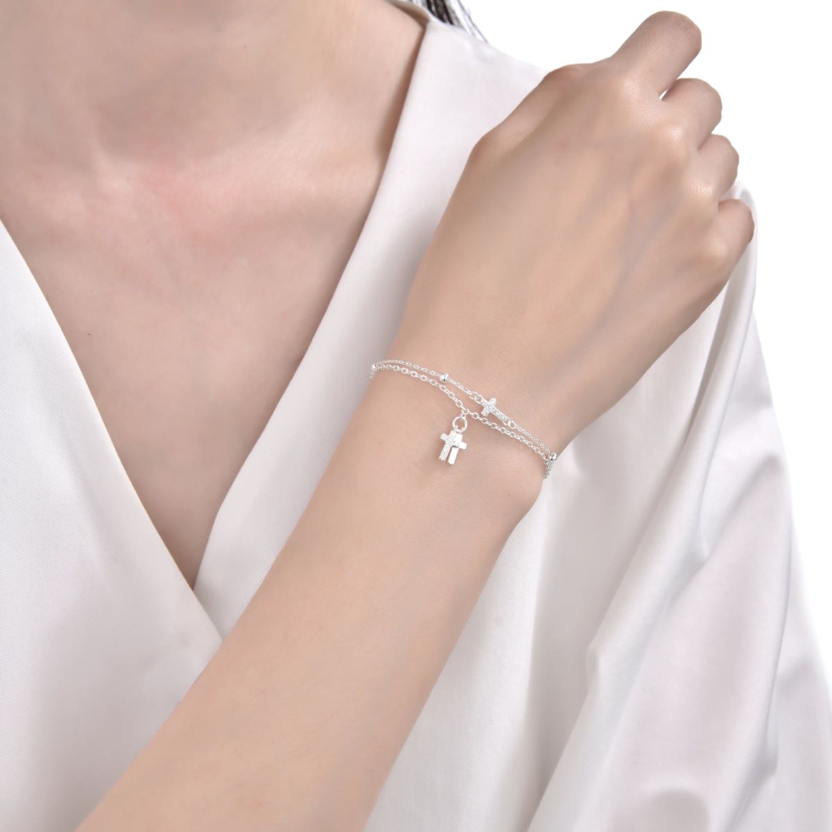 Pulsera Cadena Doble Dije Cruces - Plata