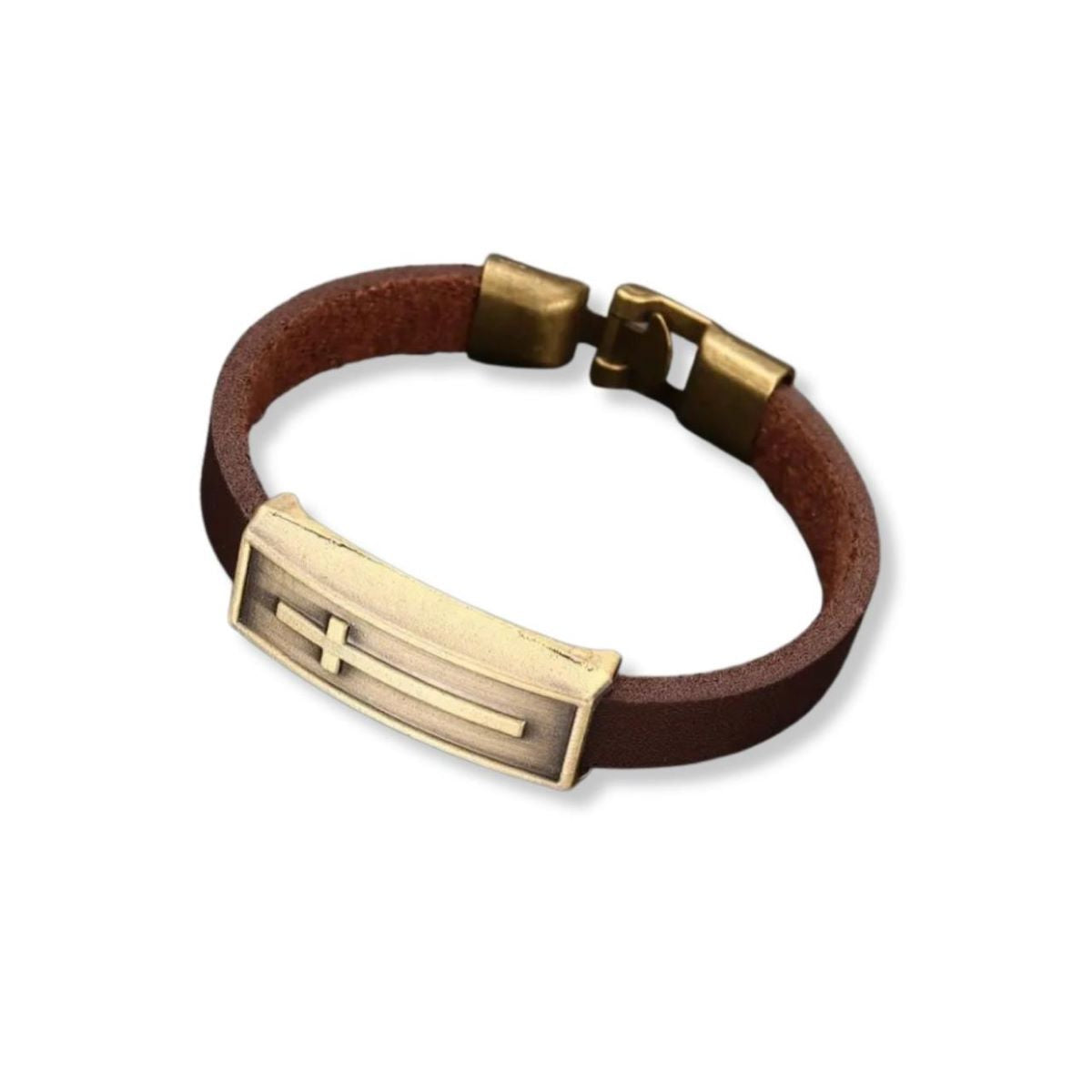 Pulsera con Placa Cruz - Cuero y Bronce