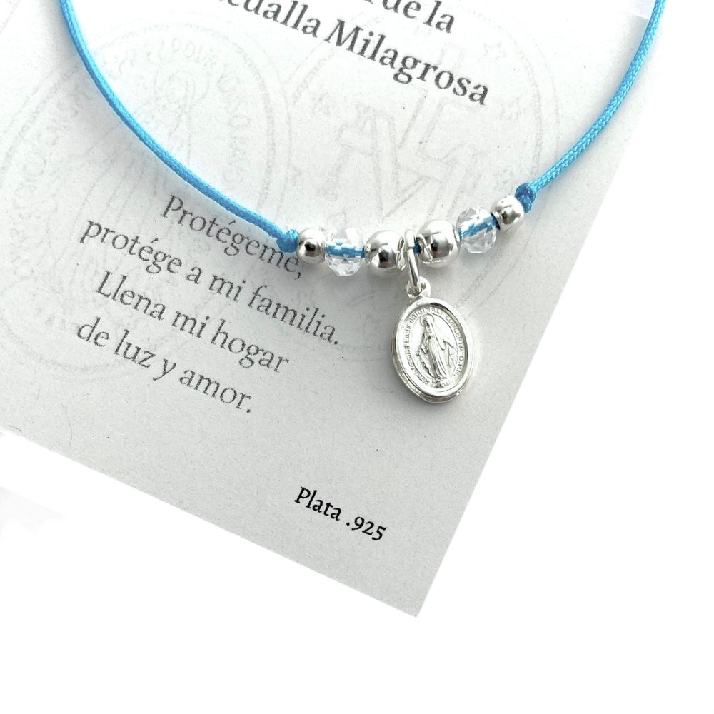 Pulsera Virgen de la Medalla Milagrosa - Hilo Turquesa y Plata