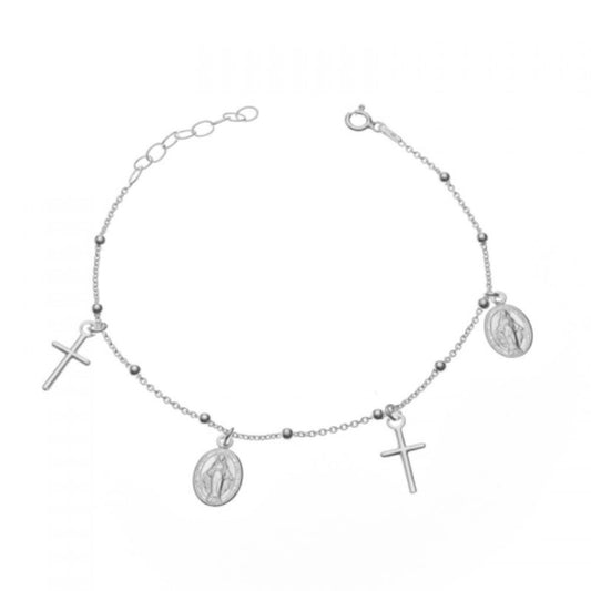 Pulsera de la Medalla Milagrosa y Cruces - Plata
