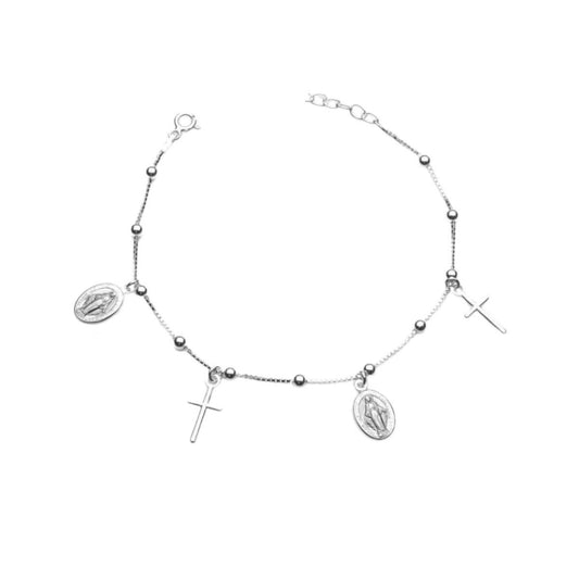 Pulsera Virgen de la Medalla Milagrosa y Cruces - Plata
