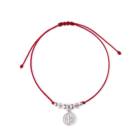 Pulsera Medalla de San Benito - Hilo Rojo y Plata