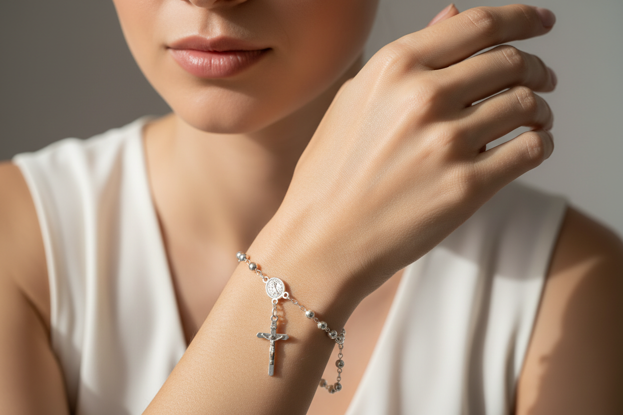 A refined female model wearing a silver rosary bracelet (rosary denario) on her wrist, delicately styled as an elegant spiritual jewelry piece.

The rosary denario is the main focal point: natural hand position, softly resting on the wrist, with the cross and beads clearly visible, highly detailed, and beautifully illuminated to highlight the silver texture and craftsmanship.

The model has a calm, serene expression, natural makeup, luminous skin, and elegant styling. Clothing is minimalist and neutral
