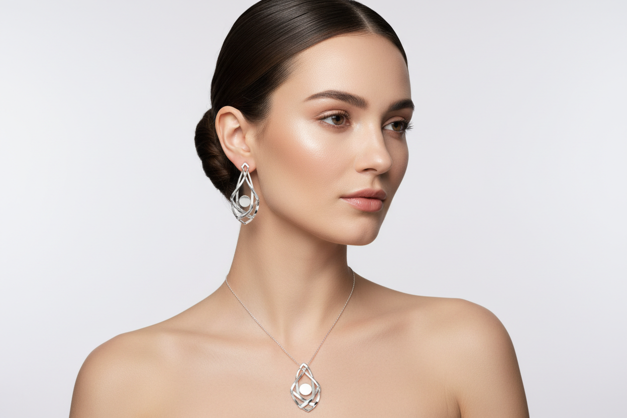 A sophisticated female model wearing a matching jewelry set: elegant silver earrings and a delicate silver necklace, perfectly coordinated.

The jewelry set is the main focal point, clearly visible and sharply detailed, with subtle light reflections enhancing the metallic shine and craftsmanship.

The model has a calm, confident expression, natural makeup, soft glowing skin, and refined features. Hair styled neatly to fully showcase the earrings and necklace.