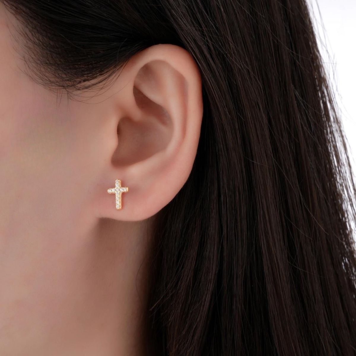 Aretes Cruz Brillos Dorados - Plata