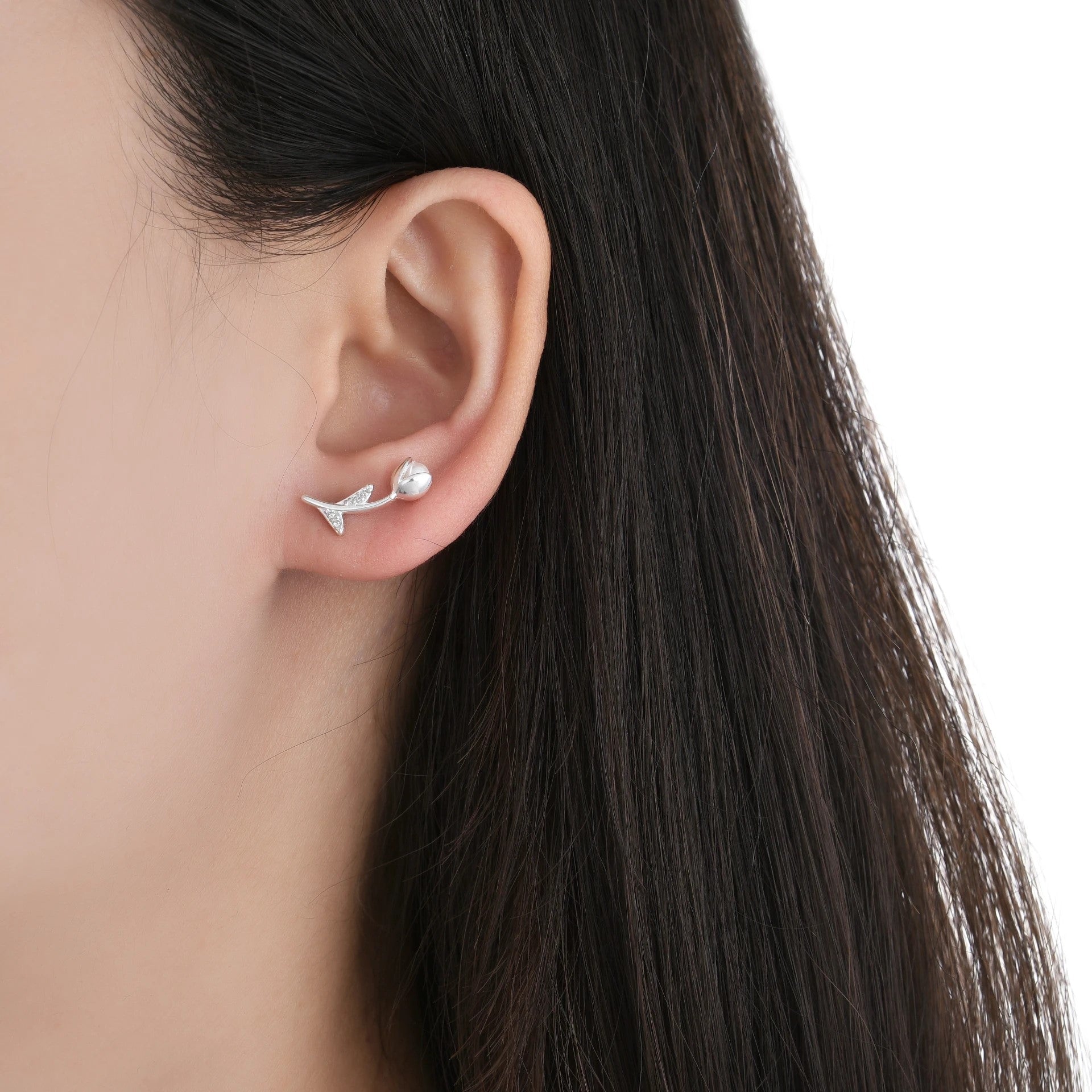 Aretes Tulipán con Perla y Brillos - Plata