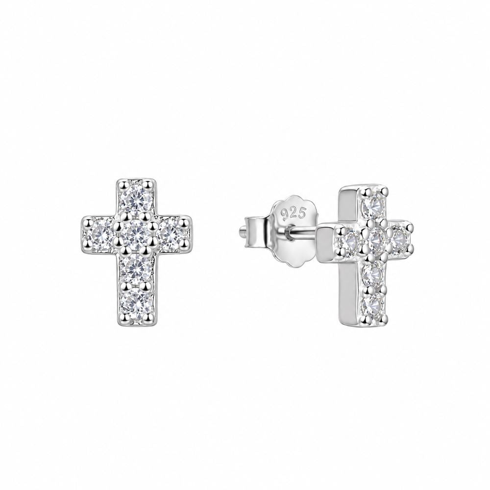 Aretes Cruz Mini Brillos - Plata