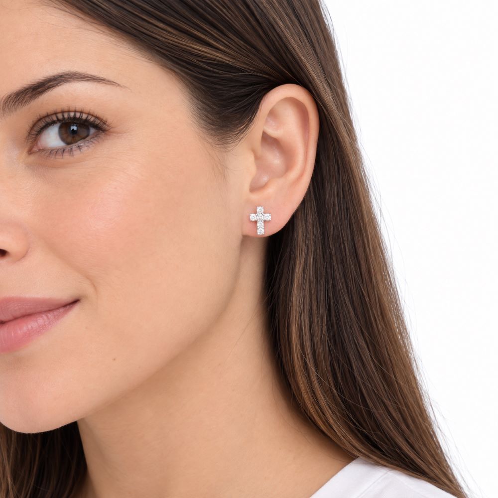 Aretes Cruz Mini Brillos - Plata