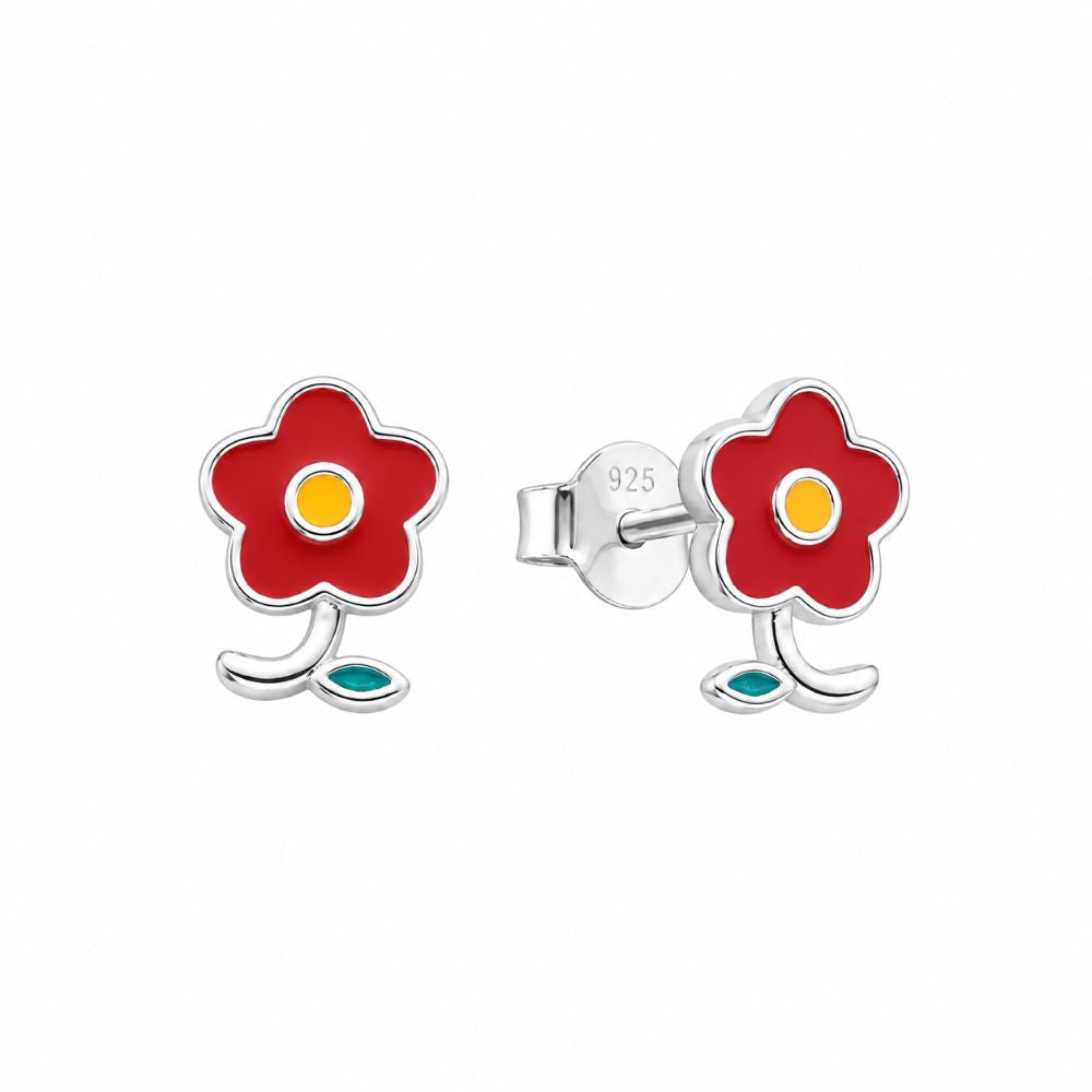 Aretes Flor Roja - Plata