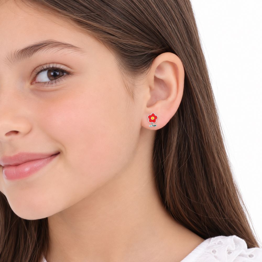 Aretes Flor Roja - Plata