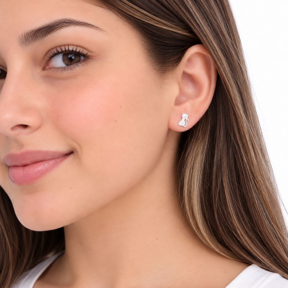 Aretes Gato Brillos - Plata