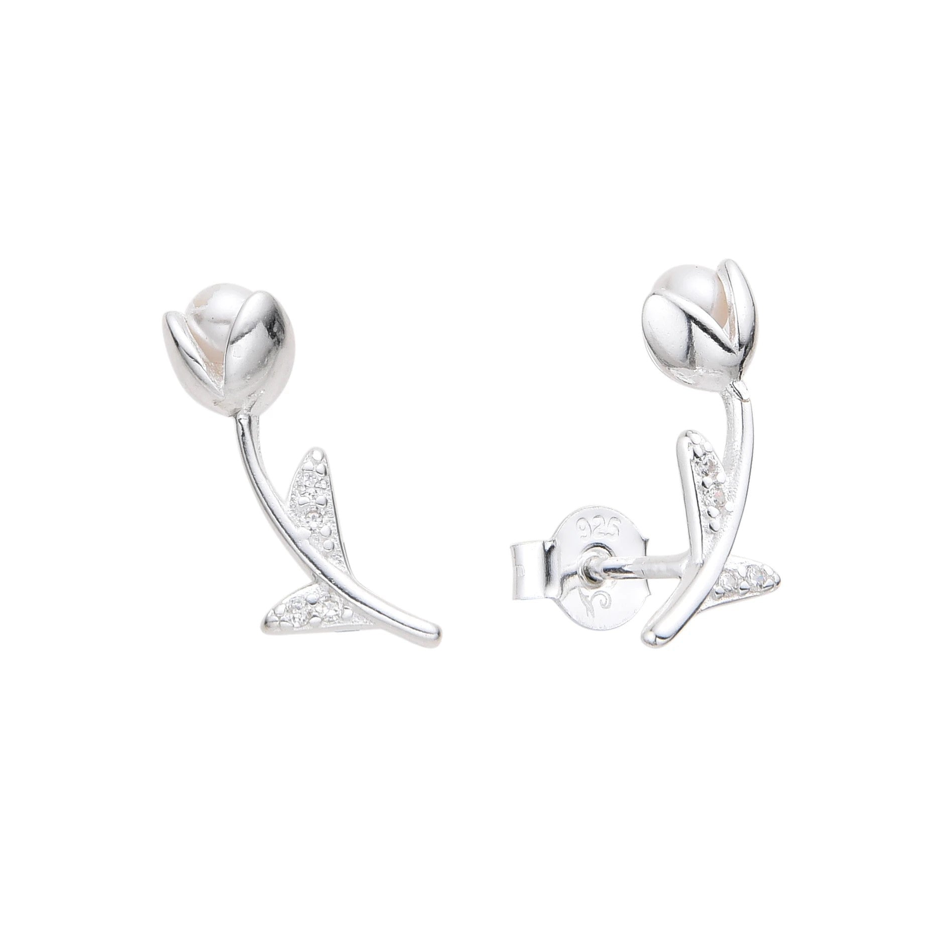 Aretes Tulipán con Perla y Brillos - Plata