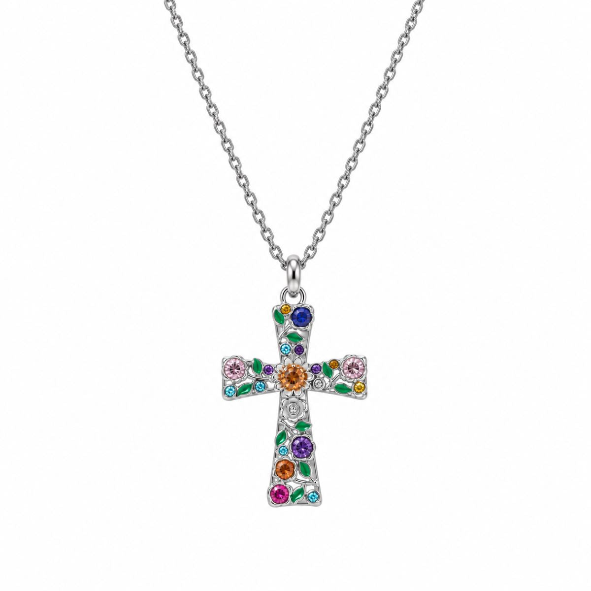 Collar Cruz Flores Brillos  - Metal