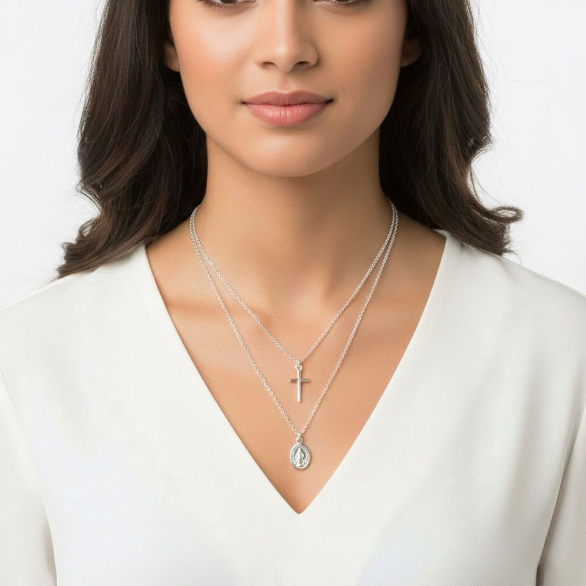 Collar Doble Virgen de la Medalla Milagrosa y Cruz - Plata