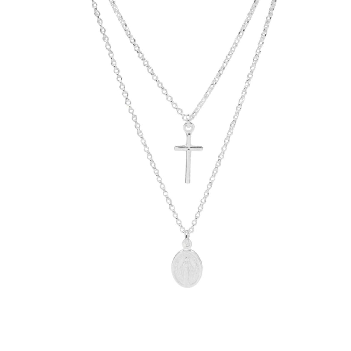 Collar Doble Virgen de la Medalla Milagrosa y Cruz - Plata