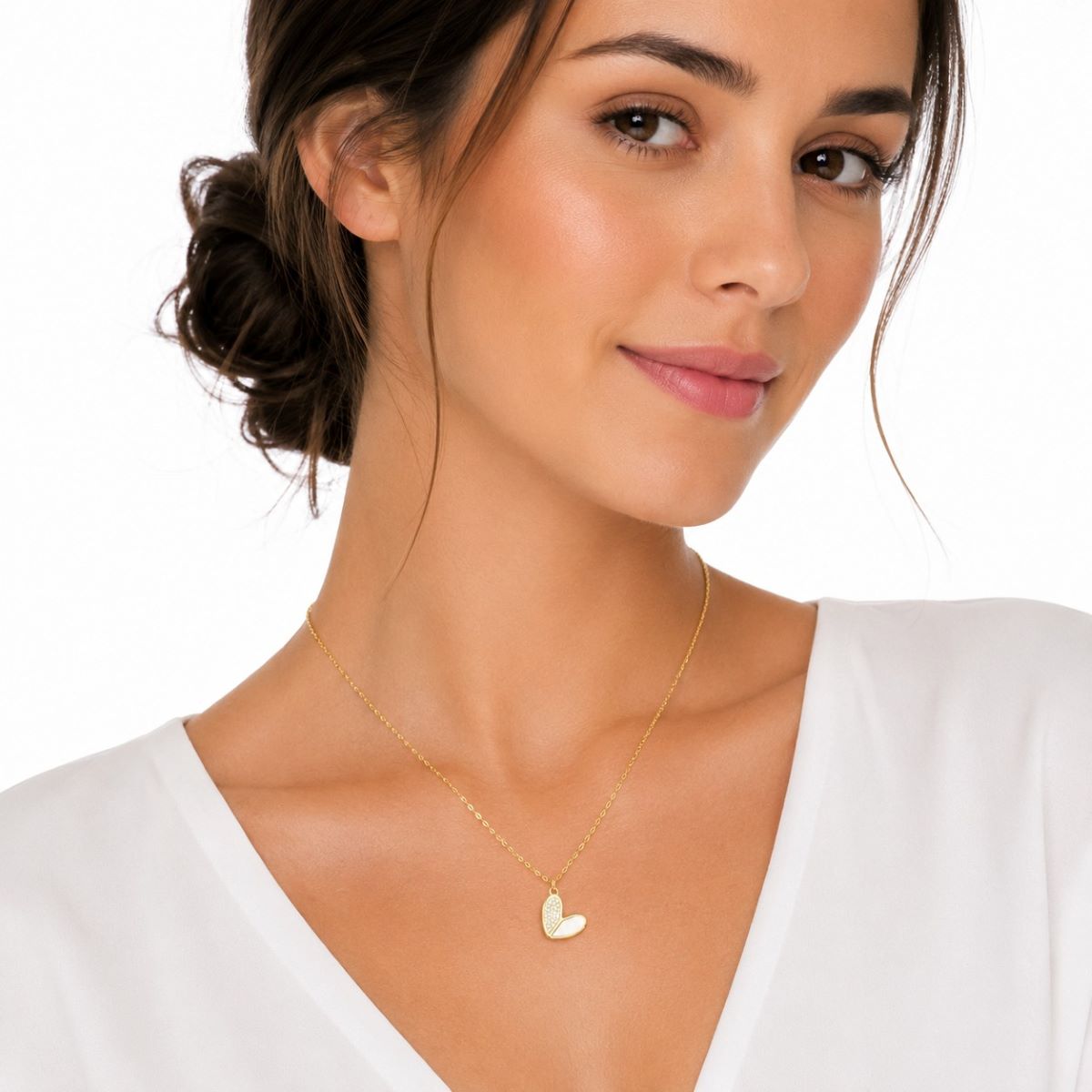 Collar Corazón Brillos y Nácar Dorado - Plata