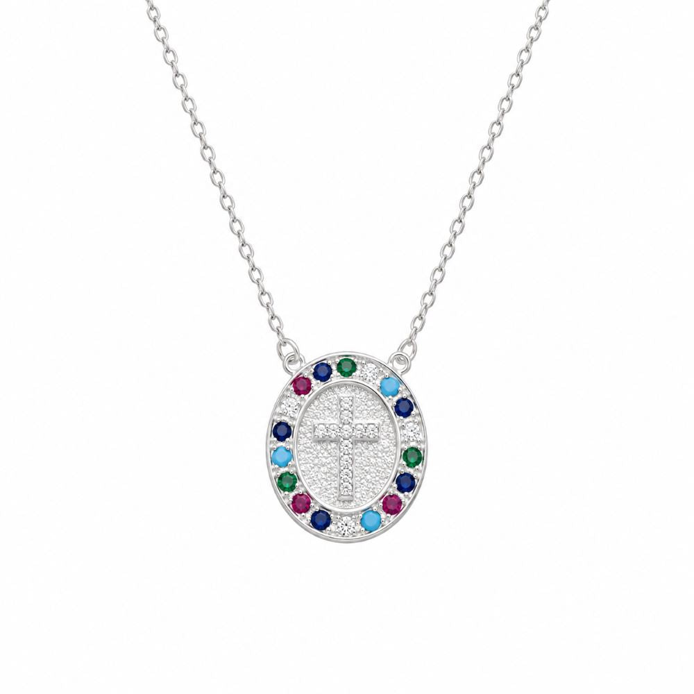 Collar Cruz Brillos Colores - Plata