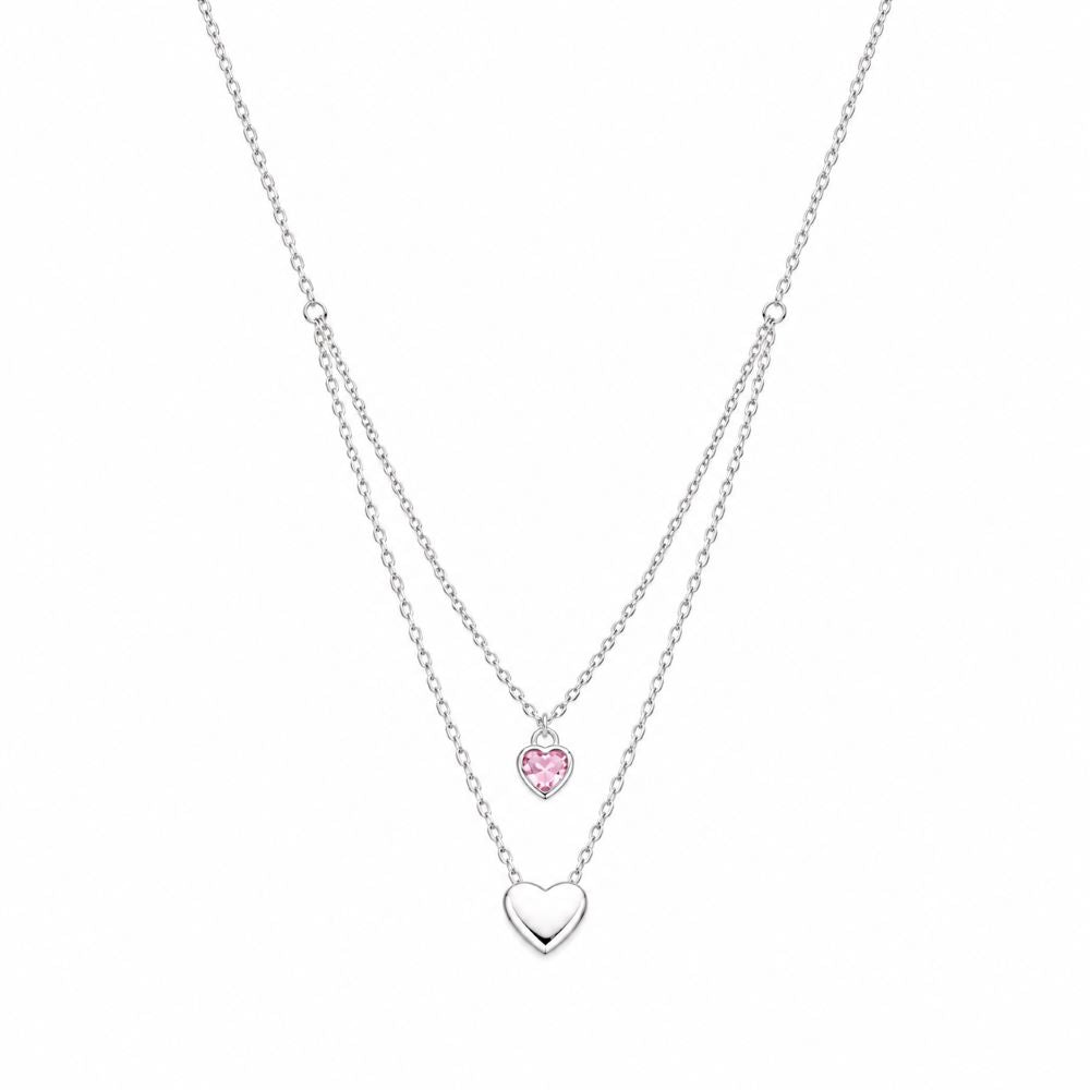 Collar Corazones Doble Punto Rosa - Plata