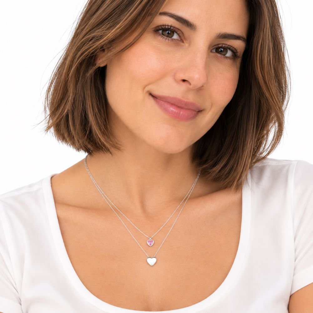 Collar Corazones Doble Punto Rosa - Plata