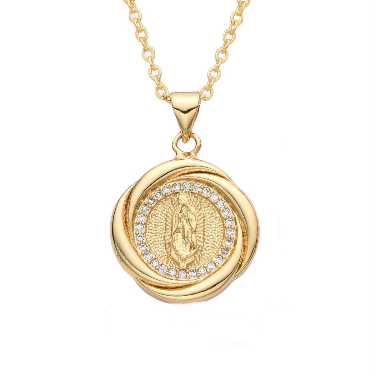 Collar Virgen de Guadalupe Redonda Brillos - Dorado