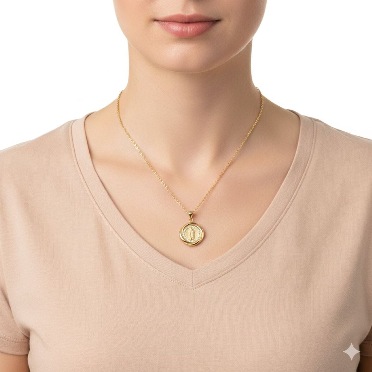 Collar Virgen de Guadalupe Redonda Brillos - Dorado