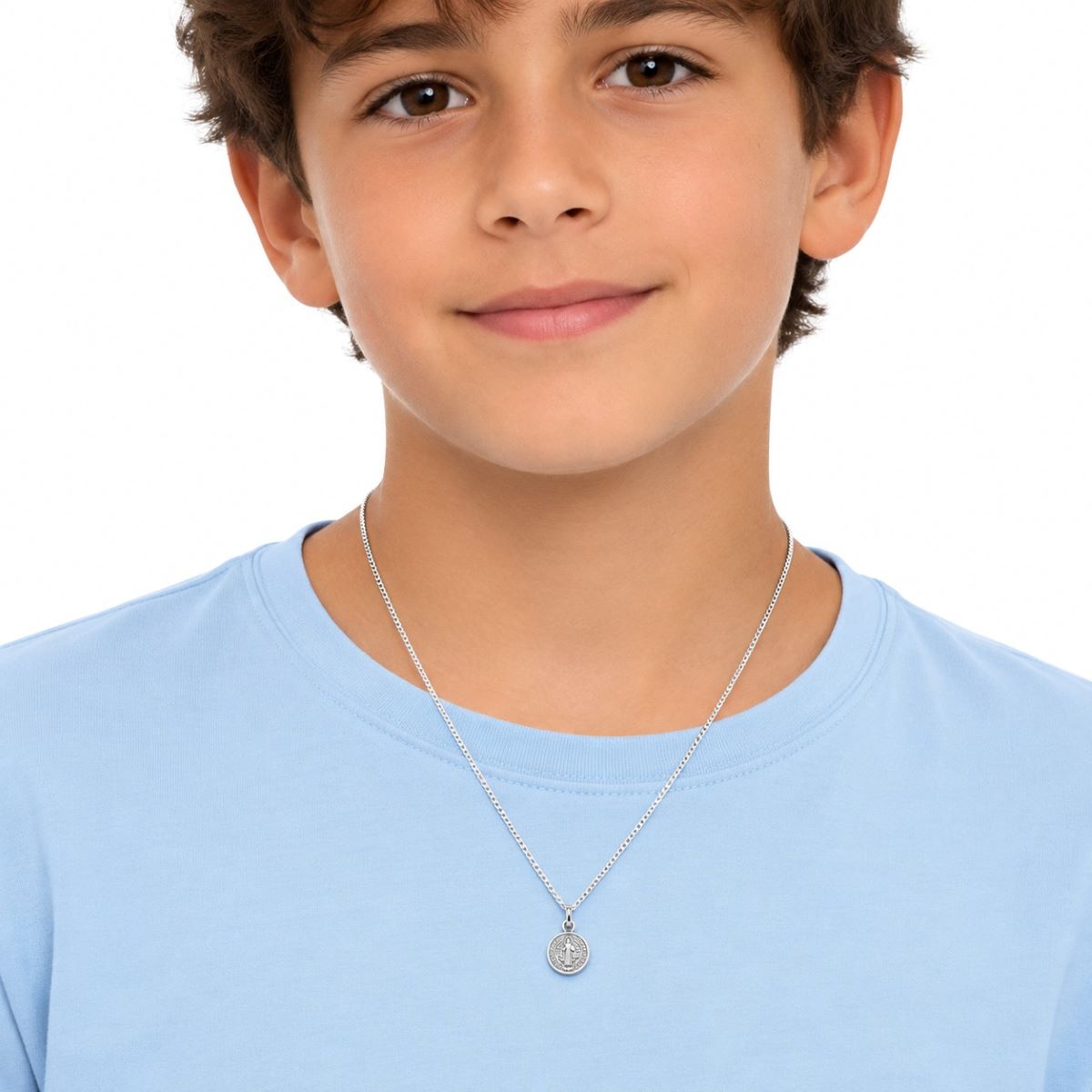 Dije de San Benito Mini y Cadena - Plata