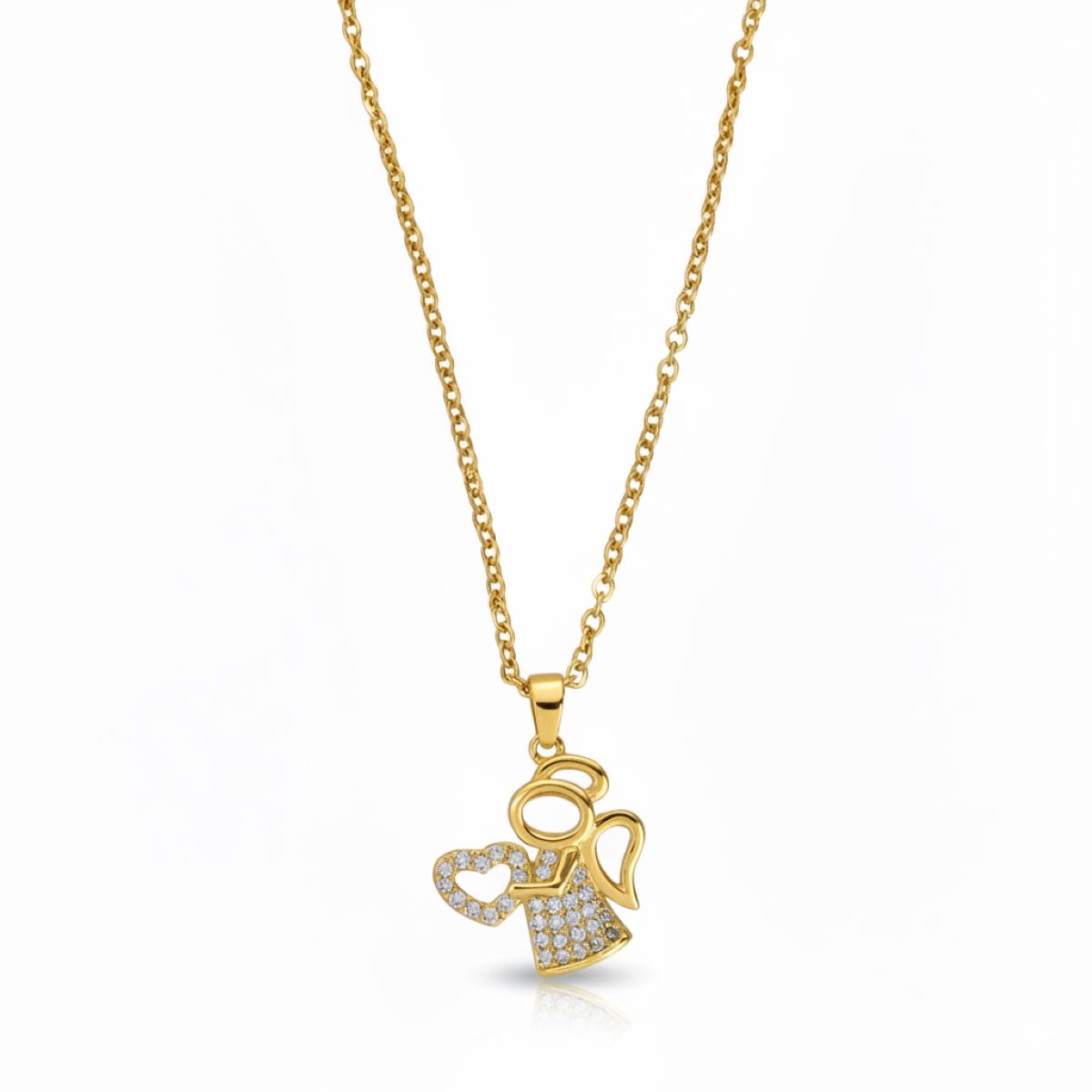 Dije Angel Corazón Brillos y Cadena Dorado - Acero